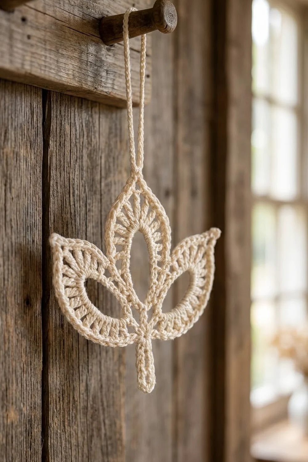 Cream-colored crocheted wing ornament hanging from a nail on weathered wood in a rustic, naturally lit setting.