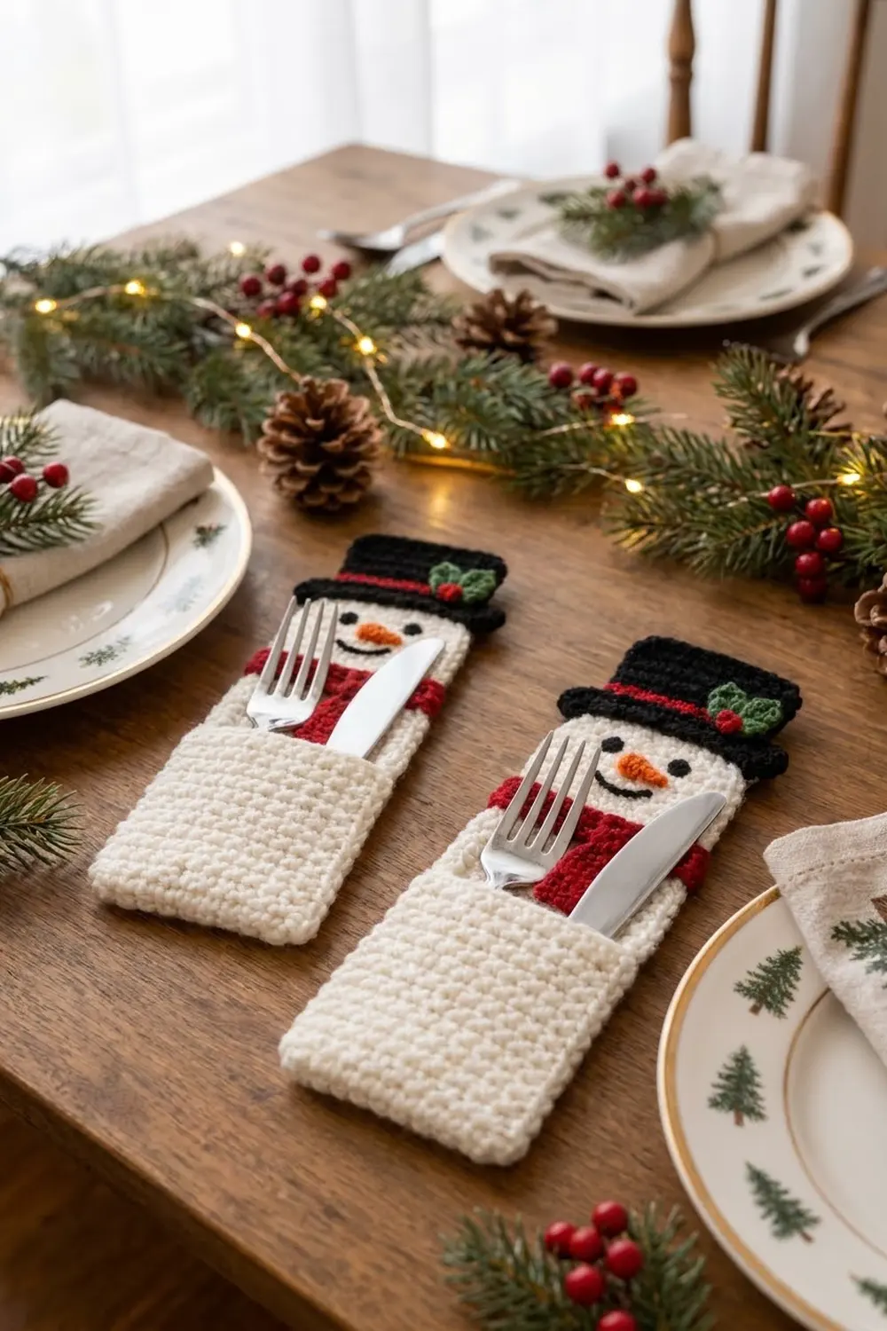 Hand-crocheted white snowman utensil holders with red scarves and black hats sit on a holiday-decorated wooden table.