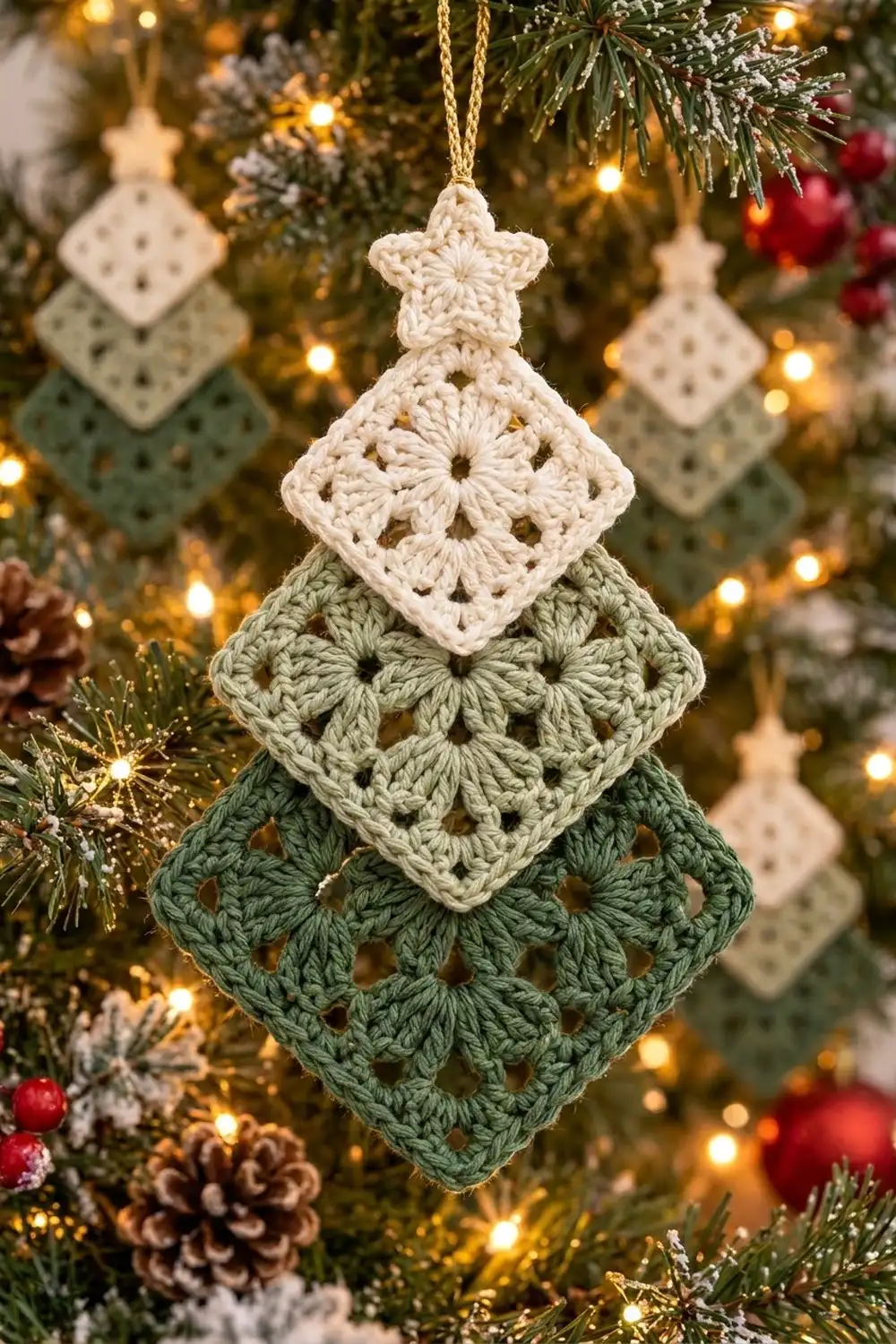 Crocheted tree ornament with cream, sage, and green tiers hanging on a decorated Christmas tree with warm lights.