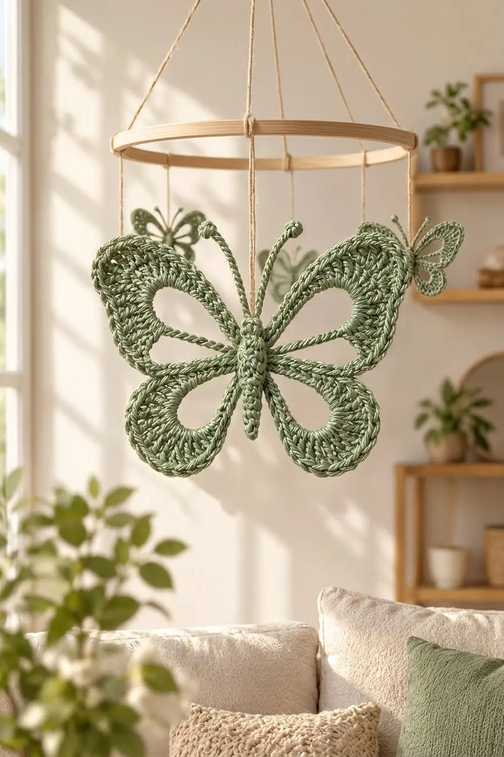 Handmade sage-green crochet butterflies hang from a wooden mobile ring in a bright, plant-filled modern room.