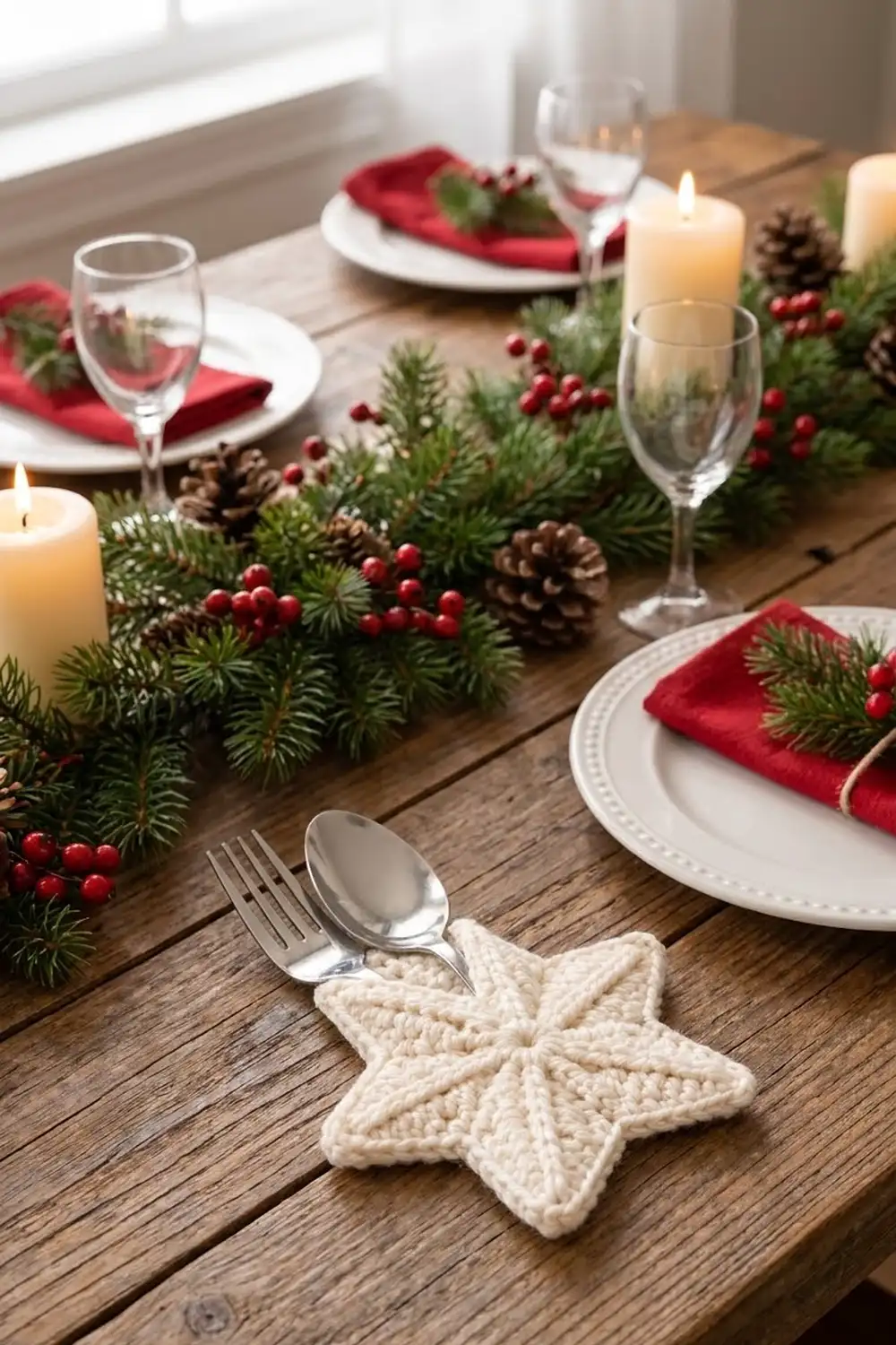 Cream crochet snowflake placed by place setting on an elegant holiday table with red napkins and evergreen garland.
