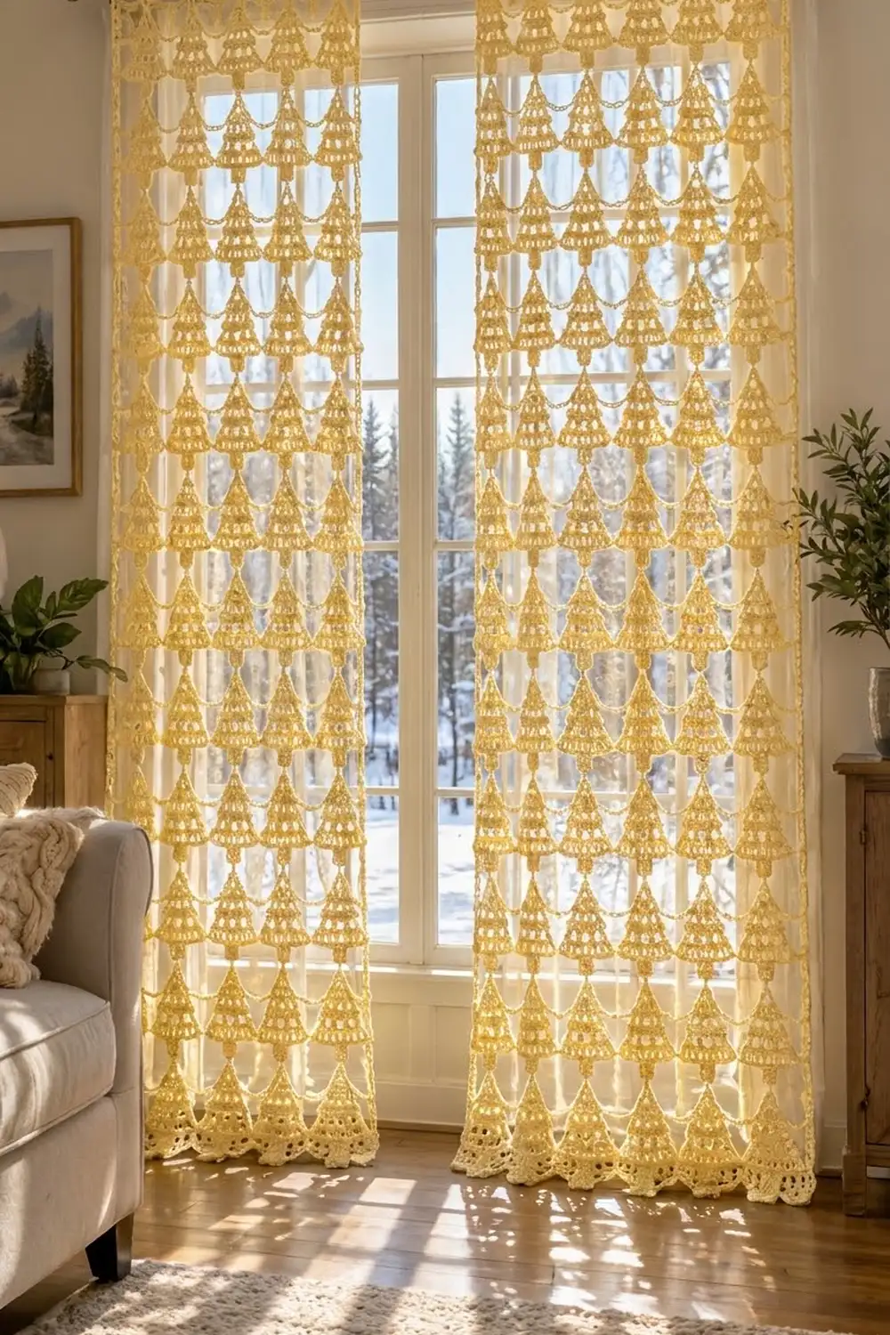 Gold and cream crocheted curtains with hanging Christmas tree motifs frame a snowy winter landscape visible through tall windows.