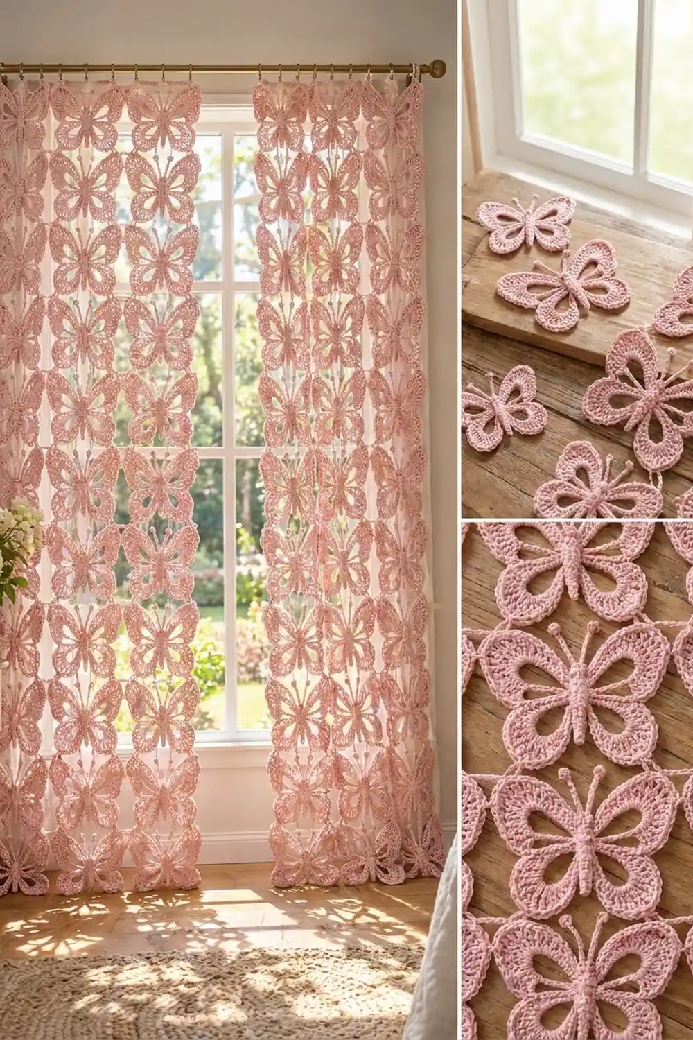 Dusty pink crocheted butterfly-patterned curtains on a sunny window, with individual crochet butterfly appliques displayed on a wooden sill.