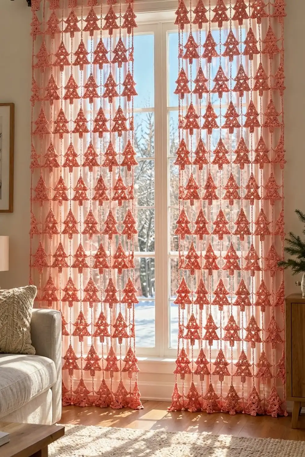Red and white crocheted Christmas trees hang at a sunlit window overlooking a snowy winter landscape.
