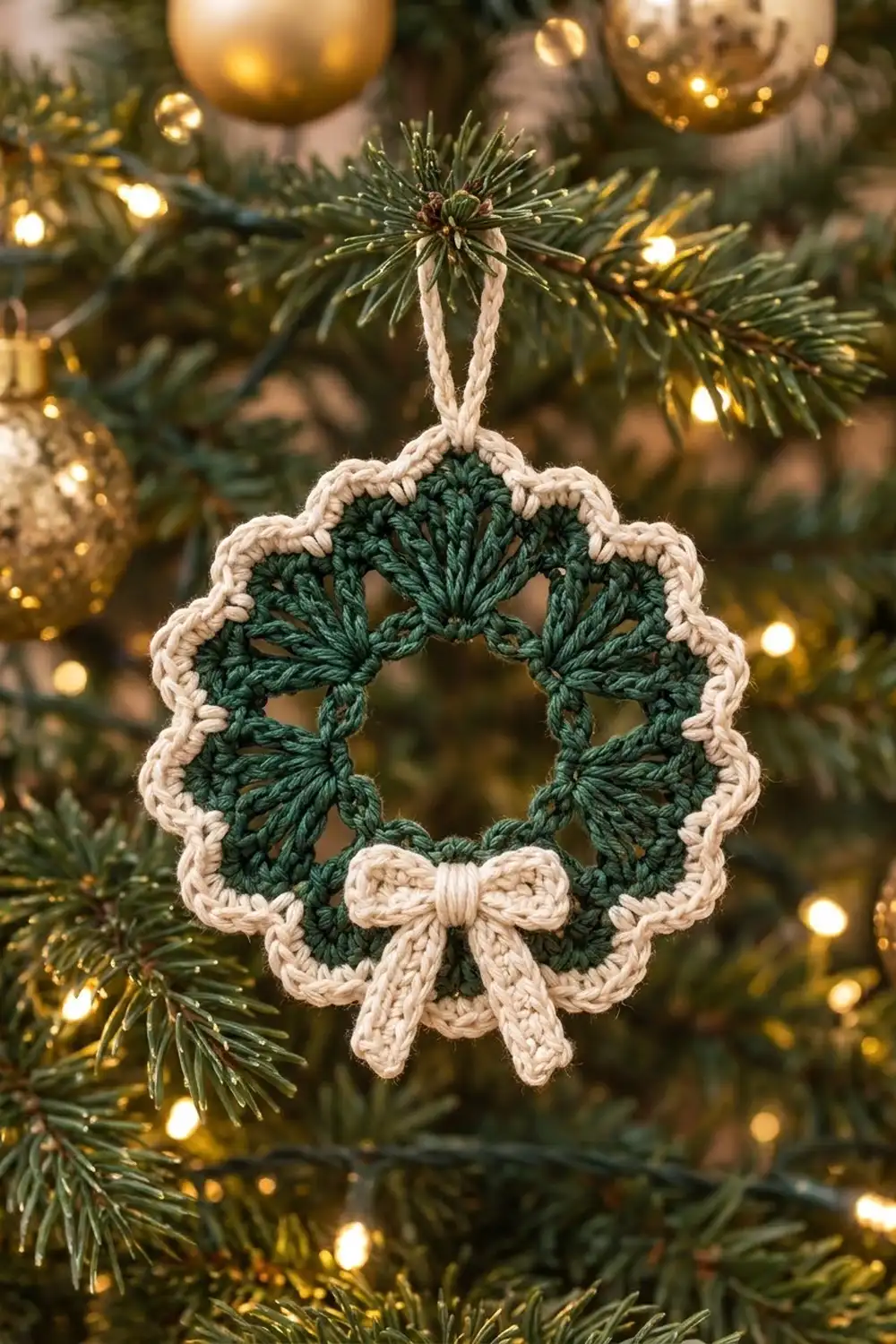 Crocheted green and cream wreath ornament with bow hanging on a decorated Christmas tree amid gold baubles and warm lights.