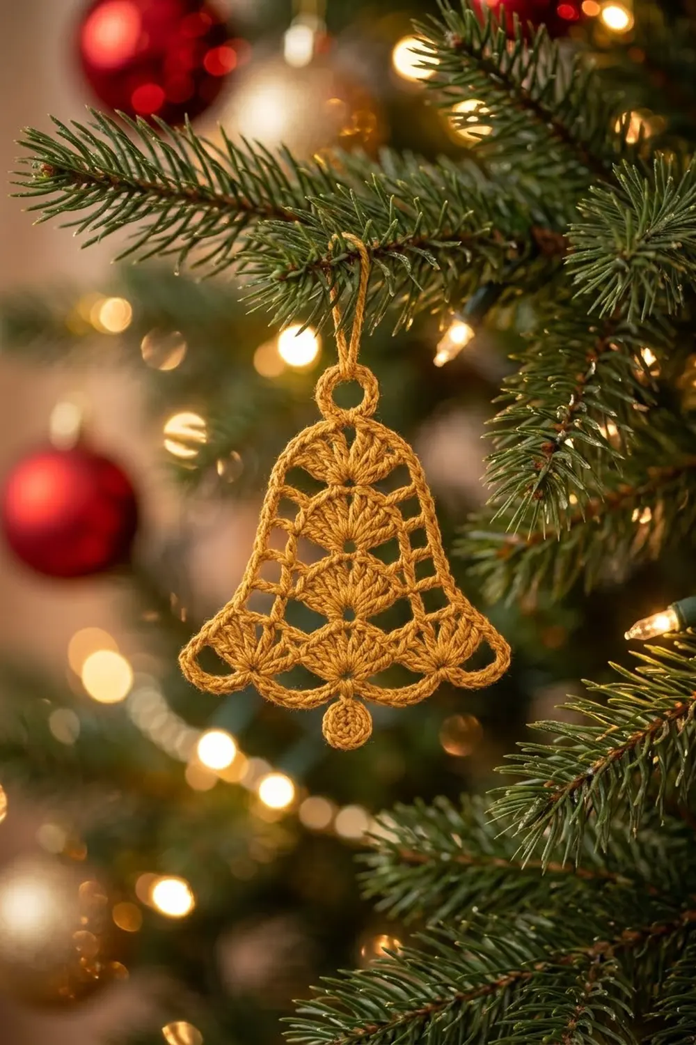 A crocheted golden bell ornament hangs from an evergreen branch among warm lights and red baubles.