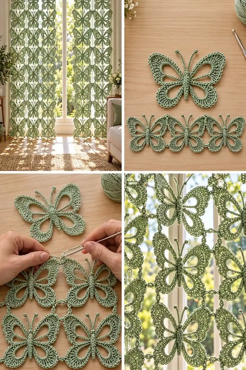 Sage green crocheted butterflies displayed on a wooden wall and hanging in sunlit windows in a bright, modern home.