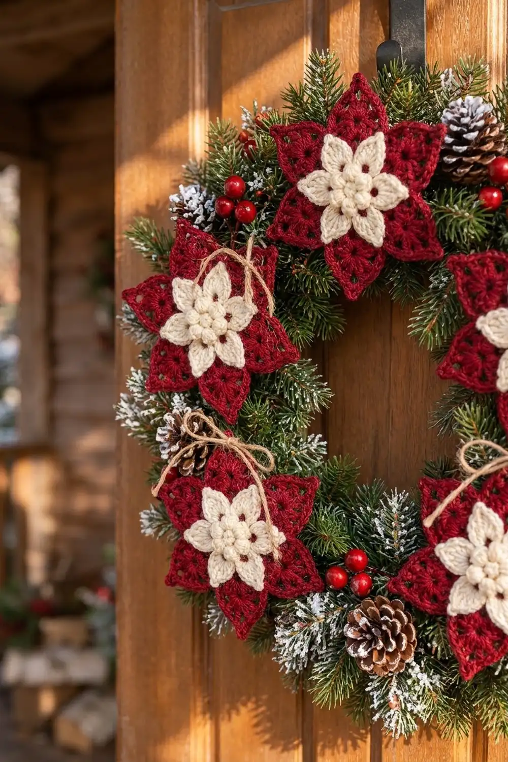 A handmade crochet wreath with deep red poinsettias, cream flowers, and evergreen branches hangs on a wooden door.