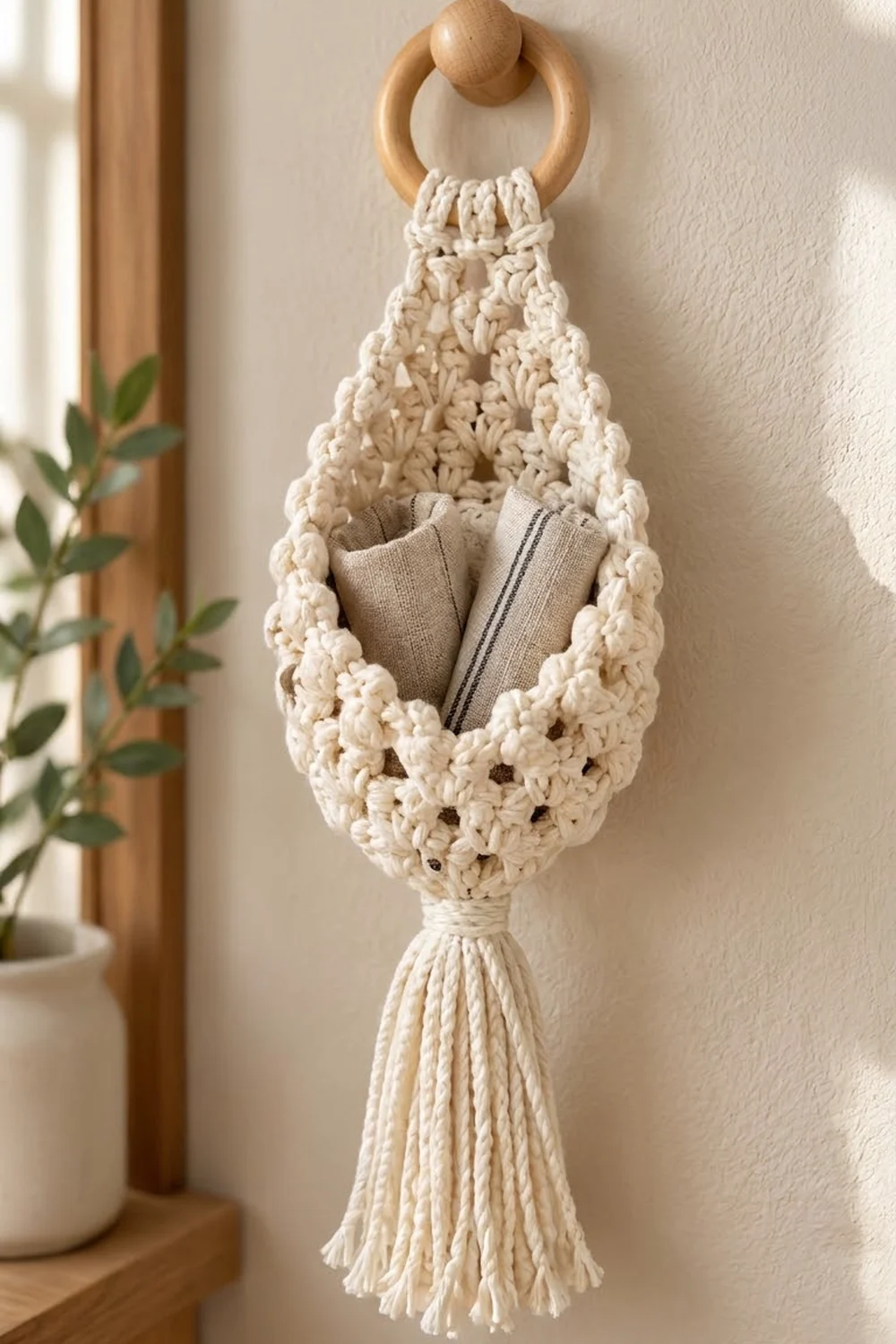Cream macramé hanging organizer with wooden ring holds rolled neutral textiles against a white wall beside potted greenery.