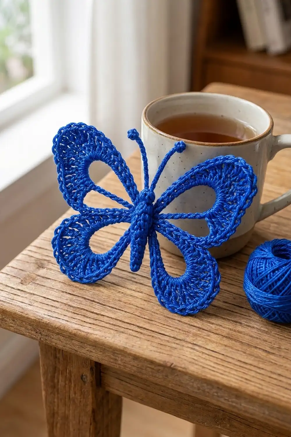Bright blue crocheted butterfly with lacy wings sits beside a ceramic tea cup on a wooden table.
