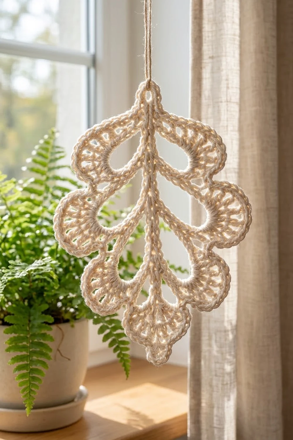 A tan crocheted ornament hangs in a sunny window beside a potted green fern plant.