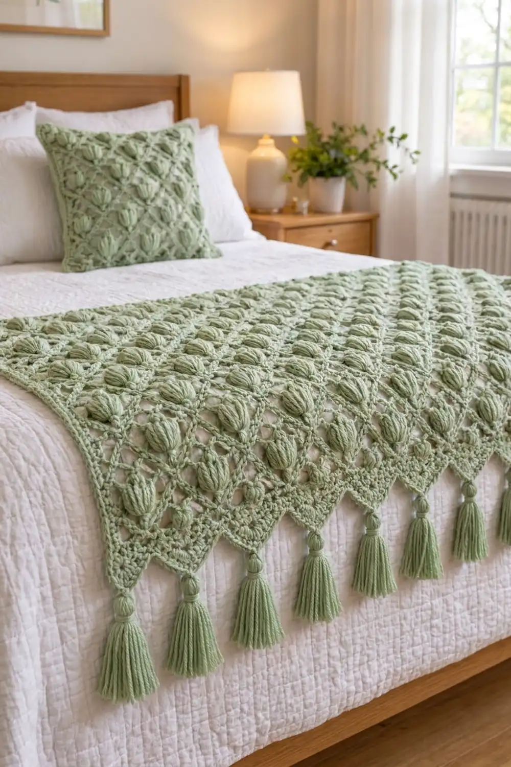 Sage green crocheted blanket with tassel trim draped over a bed in a bright, minimalist bedroom setting.