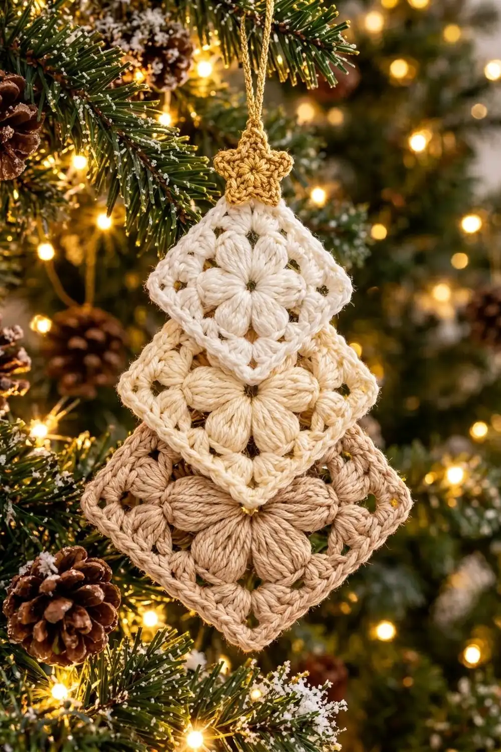 Cream and tan crocheted Christmas tree with gold star hanging on evergreen branch amid glowing lights and pinecones.