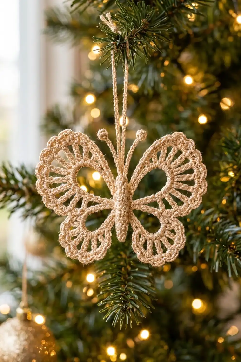 Beige crocheted butterfly ornament hanging on evergreen wreath with golden twinkling lights in blurred background.
