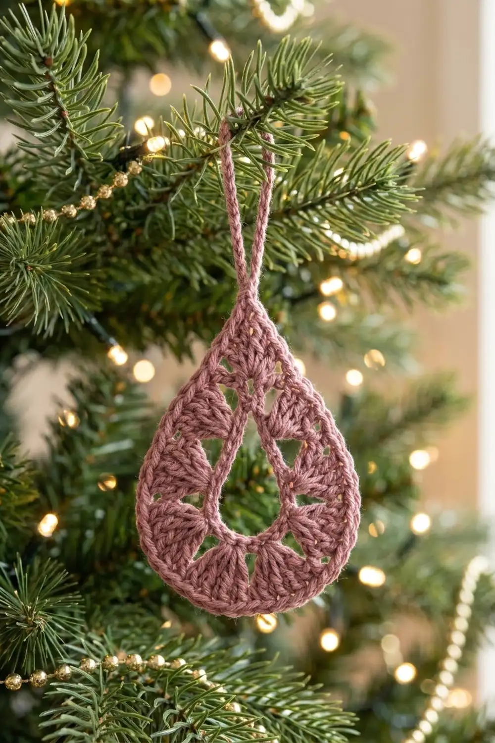 A dusty rose crocheted teardrop ornament hanging from evergreen branches with warm white lights.