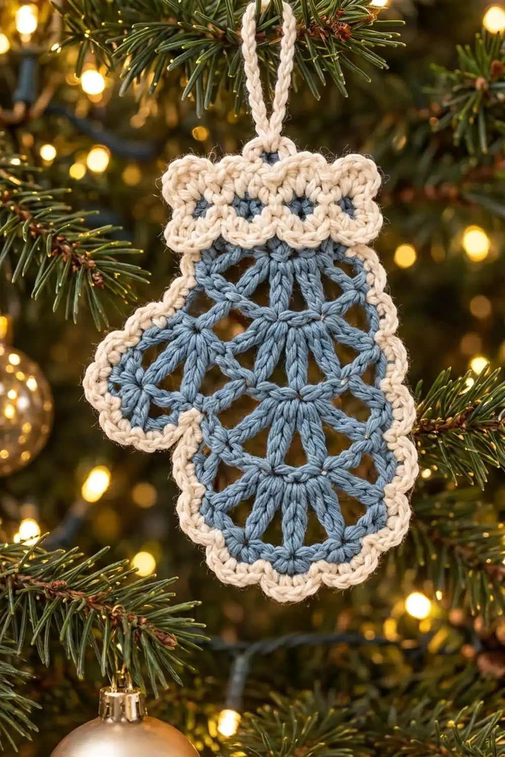 Cream and blue crocheted lace ornament hanging from a pine branch amid warm golden Christmas lights.