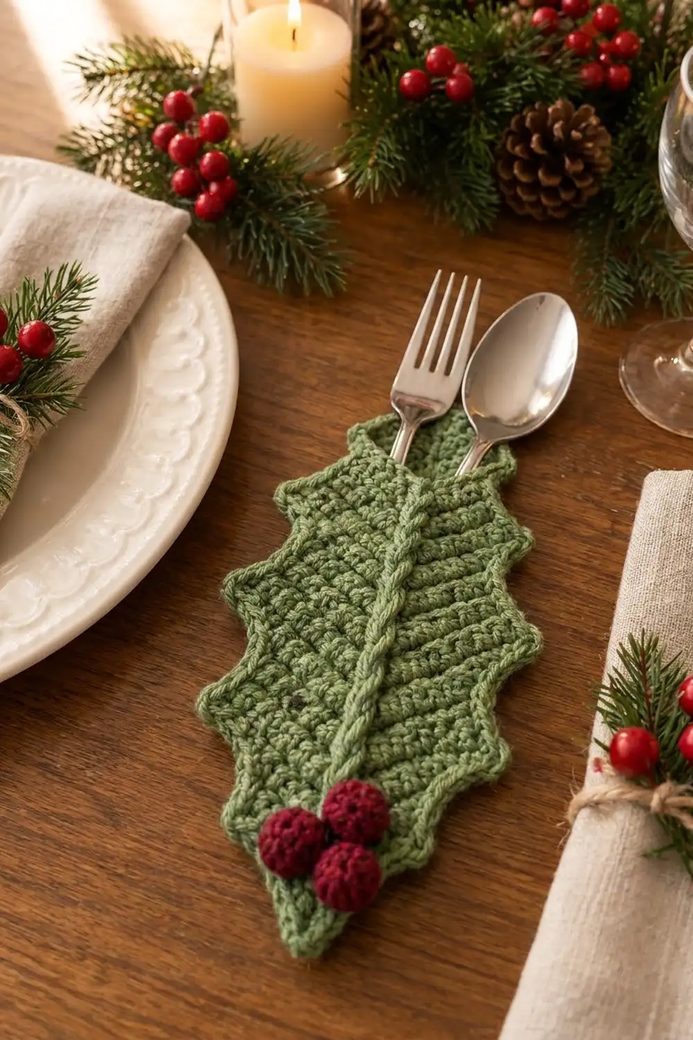 Sage green crocheted holly placemat with red berries holding silverware on a festive wooden table with holiday greenery and white candles.