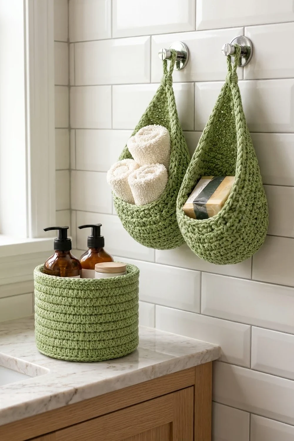 Three sage-green crocheted storage pieces organize towels and toiletries on white subway tiles above a marble bathroom counter.