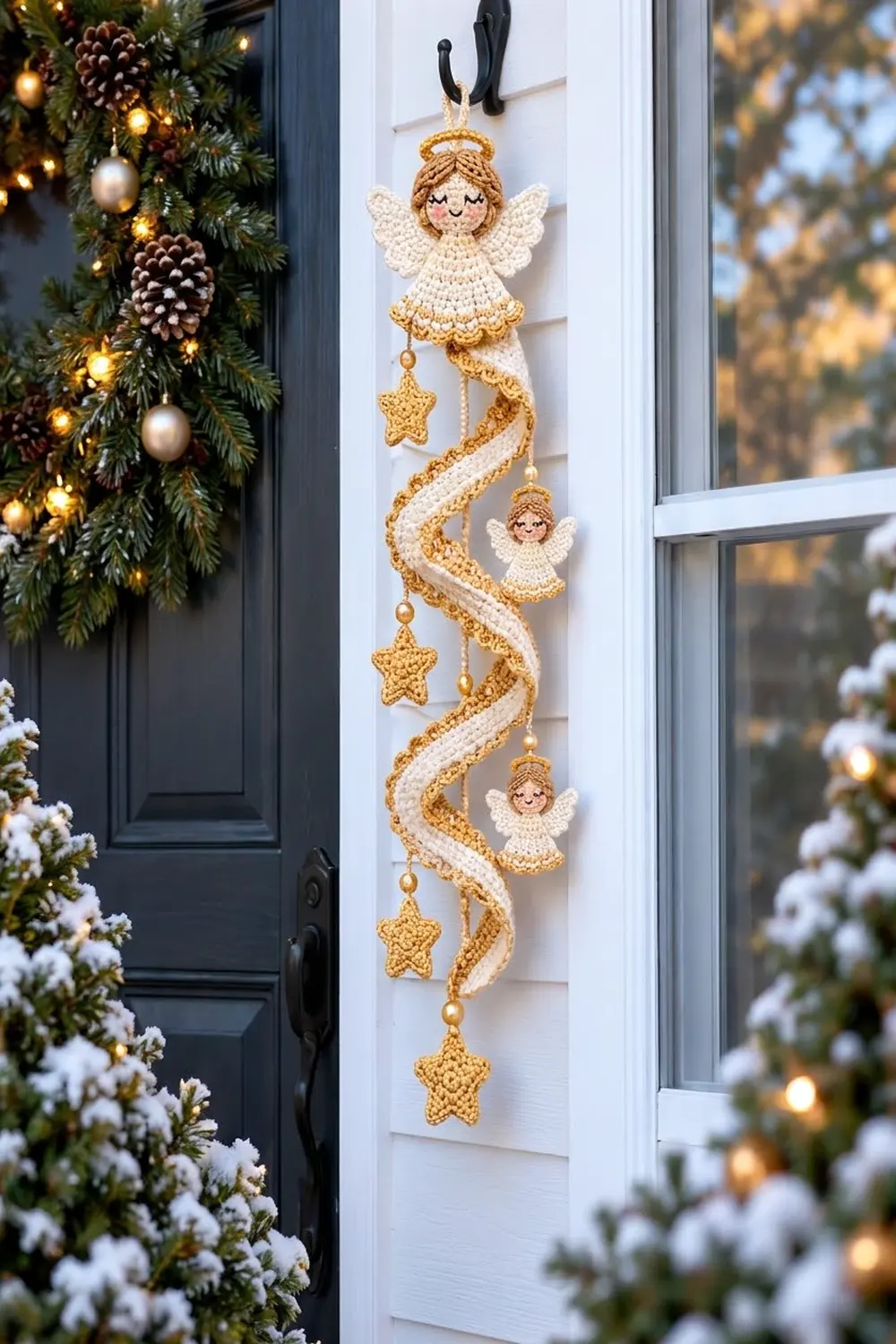 Crocheted cream and gold angel garland with stars decorates a white holiday door entry.