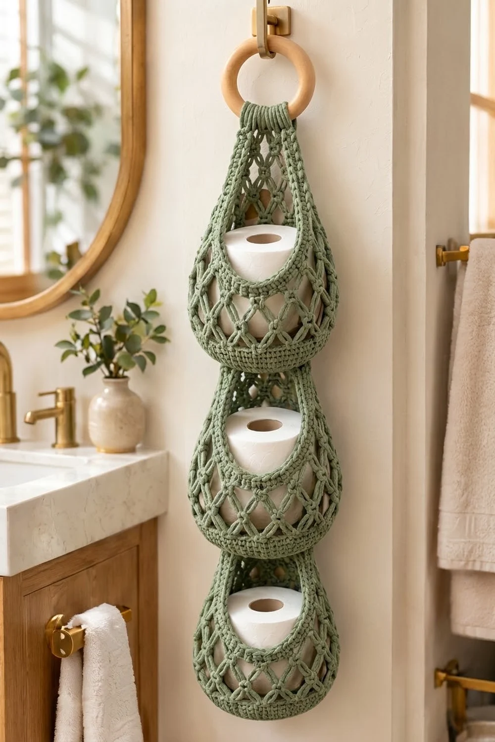 Sage green crocheted hanging organizer with three white bowls in a modern bathroom with wooden vanity and brass accents.