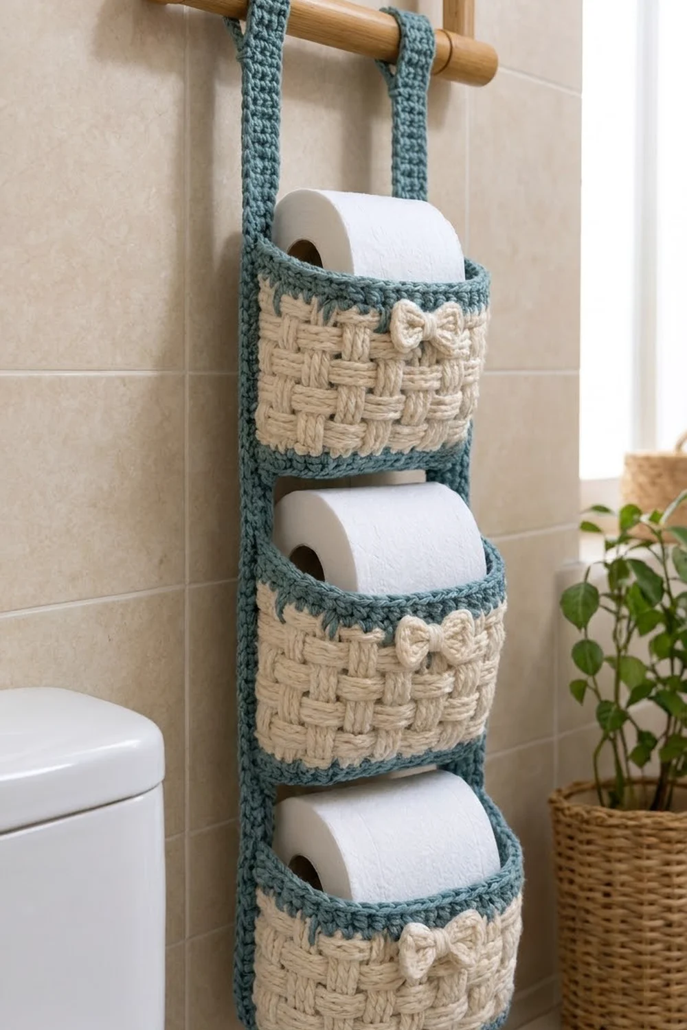Teal crocheted toilet paper holder with cream basket-weave pockets and bows, holding three rolls in a beige tiled bathroom setting.