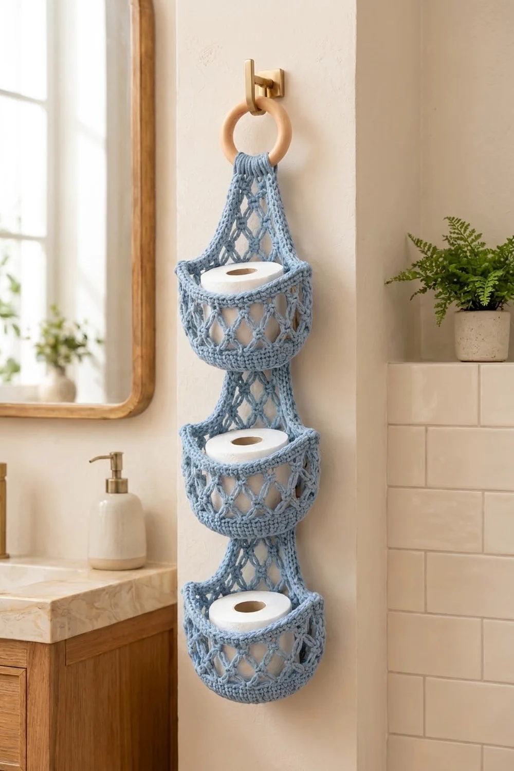 Crocheted blue-gray toilet paper holder with three tiers holding white rolls, hanging from a brass hook in a modern bathroom.