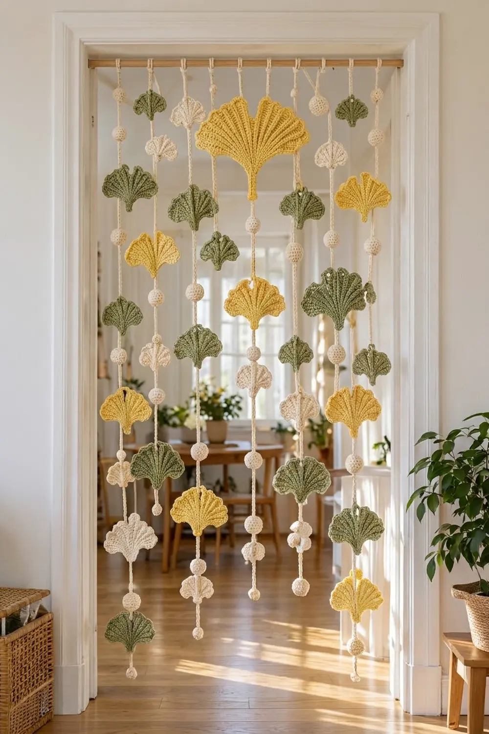 Crocheted ginkgo leaf garland in yellow, green, and cream hanging in a sunlit doorway.