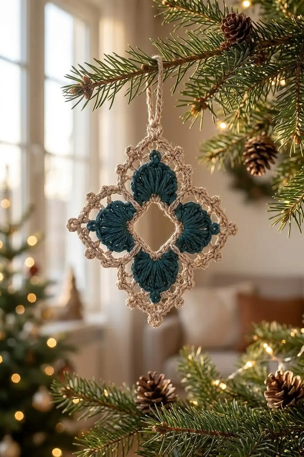 A crocheted ornament with teal and cream diamond pattern hangs from an evergreen branch with pinecones.