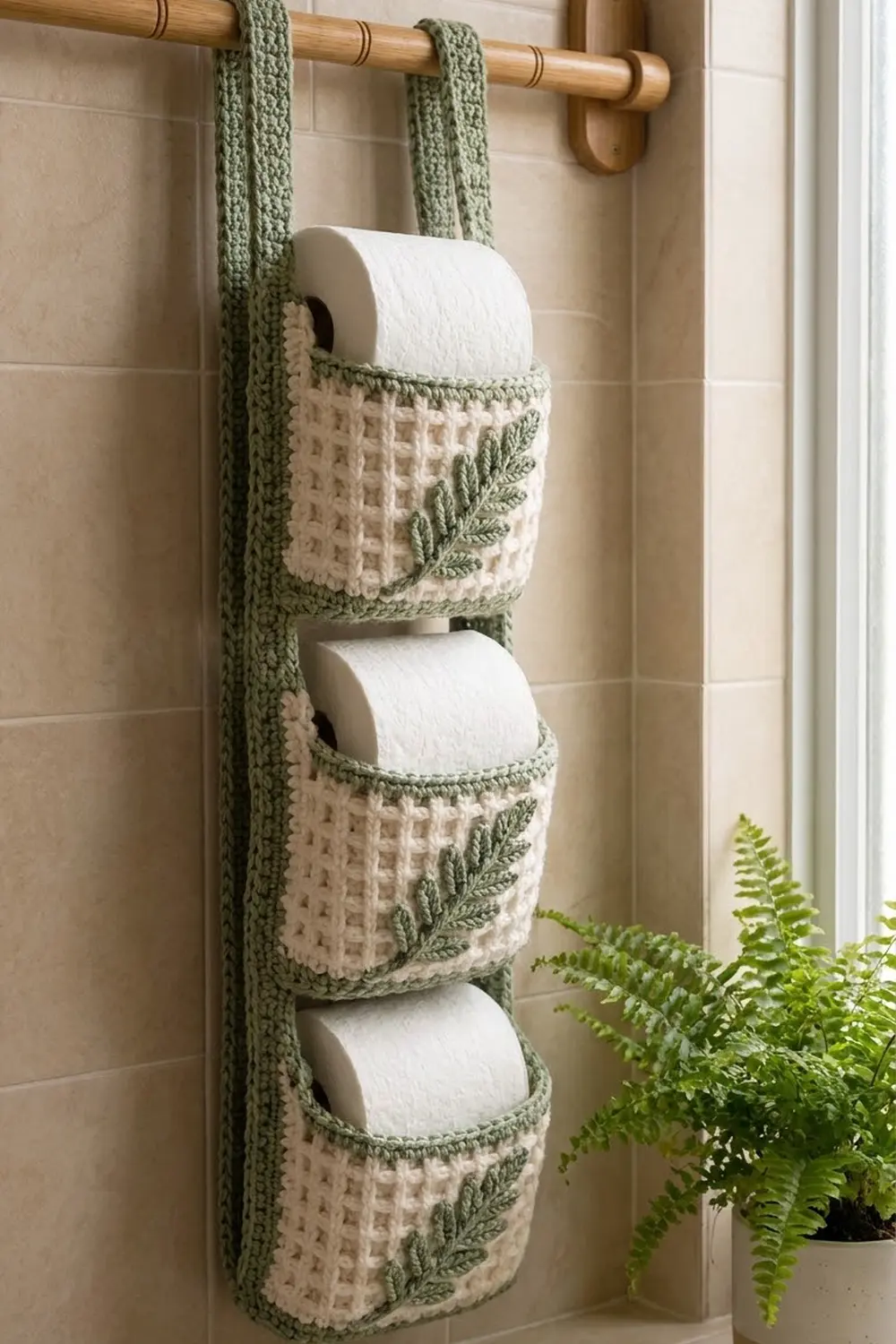 Sage green crocheted toilet paper holder with three cream pockets holding white rolls, hanging from a wooden rod in bathroom.