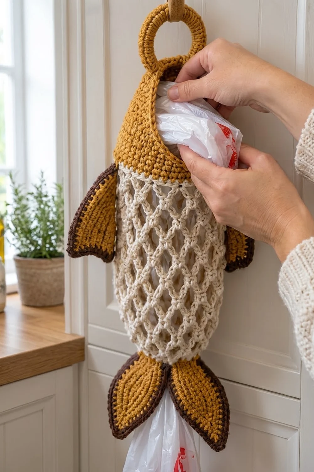 Mustard-colored crocheted fish with brown fins and cream openwork, held as a plastic bag dispenser near a window.