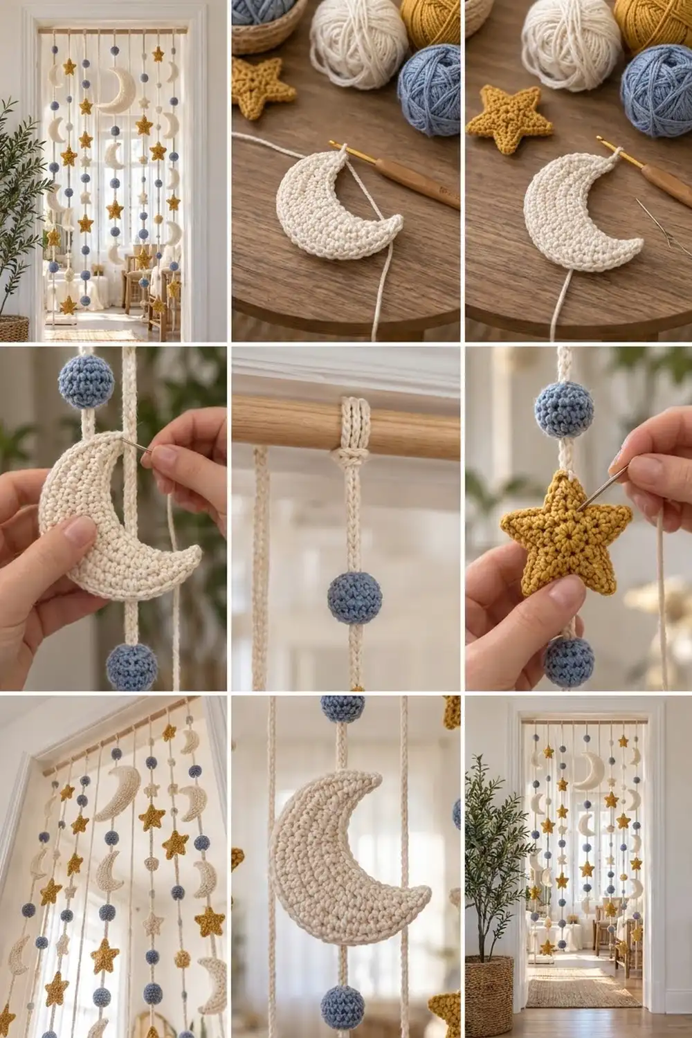 Crocheted cream moons, gold stars, and blue beads suspended as a handmade mobile in a minimalist home nursery.