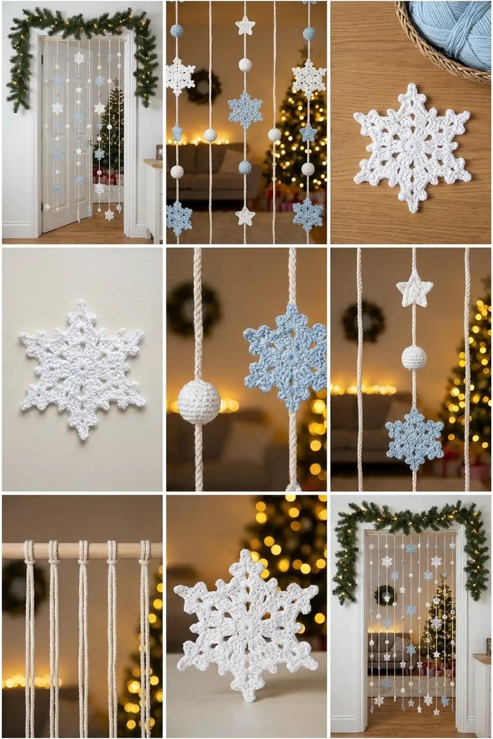 Crocheted white and blue snowflake ornaments hanging as festive holiday decorations with warm bokeh lighting.