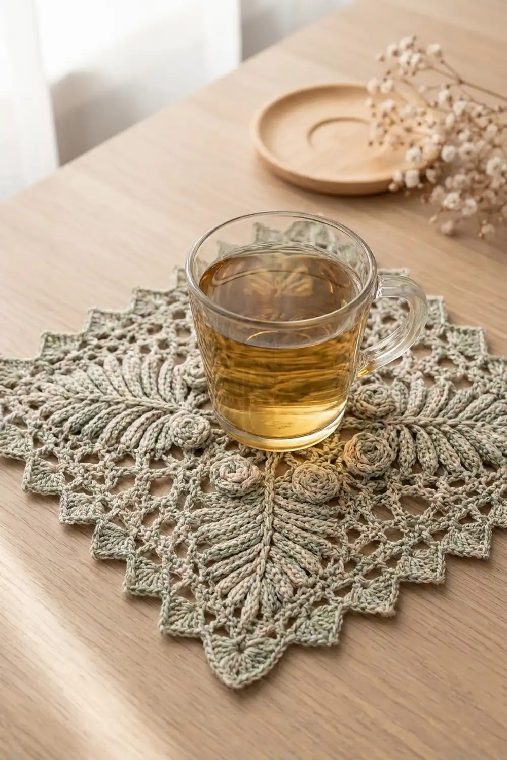 Glass mug of amber tea on a sage-green crocheted coaster, styled on a wooden table with dried flowers.
