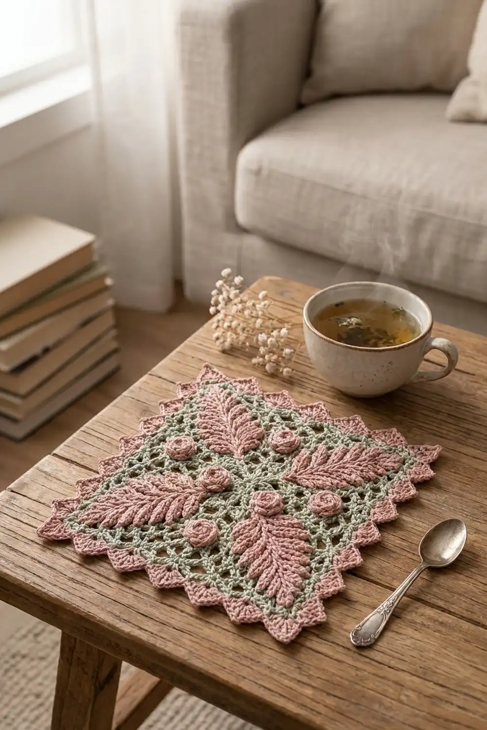 Pink and green crocheted doily with scalloped edges displayed on wooden table with tea cup, dried flowers, and spoon.