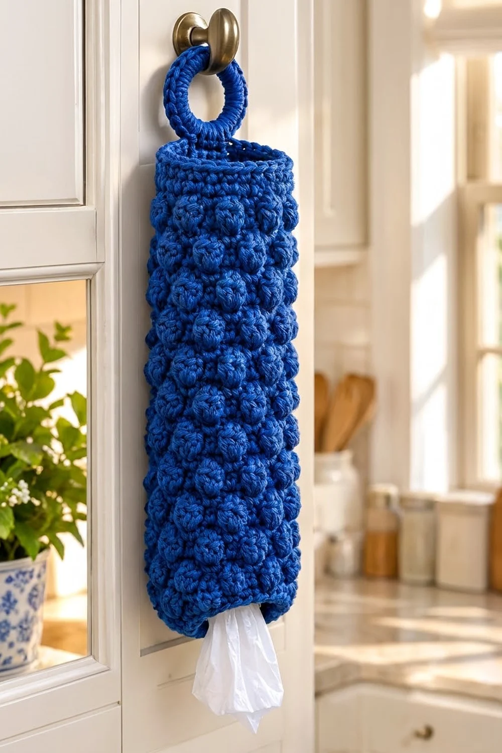 Bright blue crocheted popcorn-stitch organizer with twisted handle, hanging from a brass knob and holding a plastic bag.