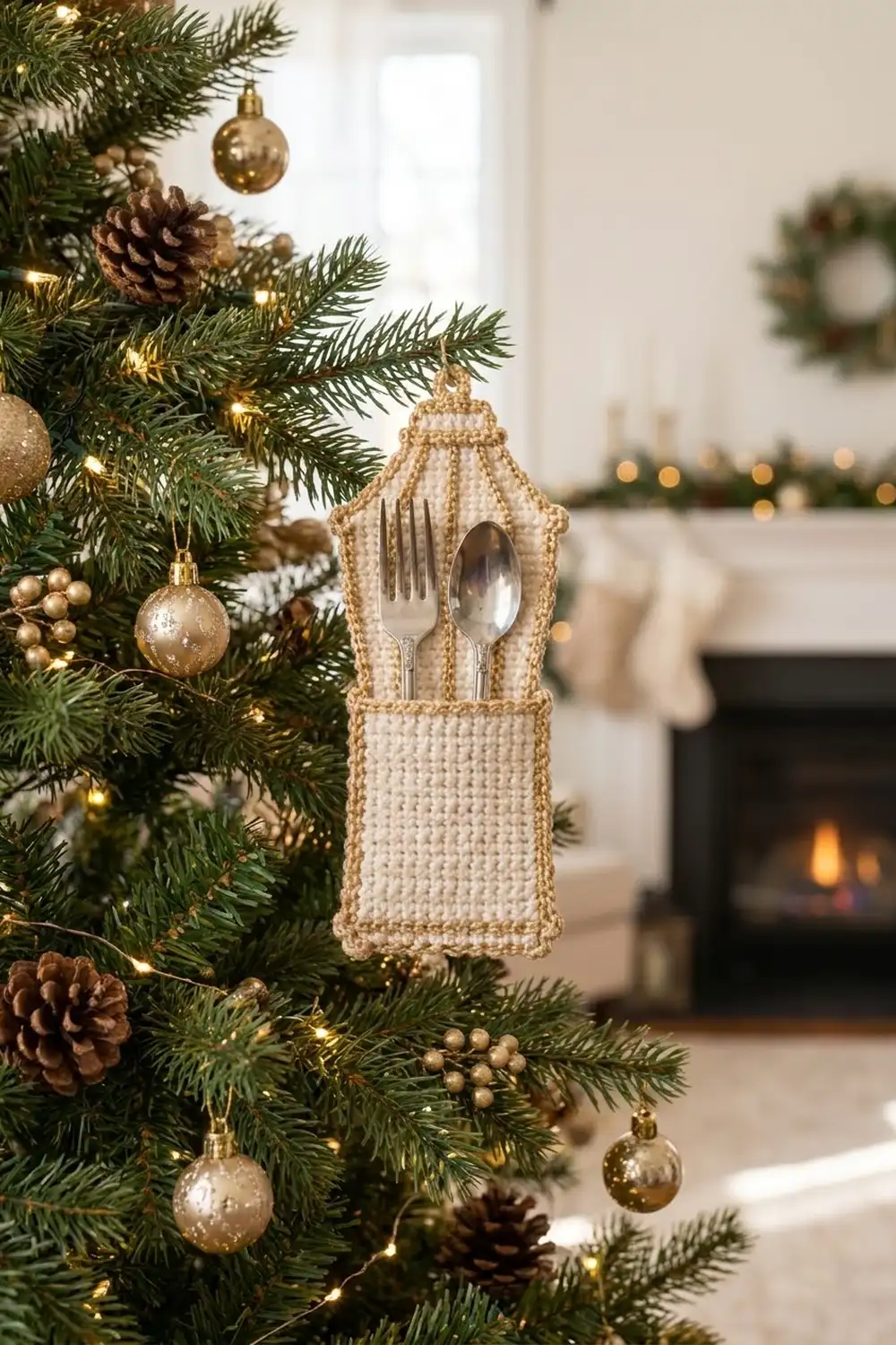 Crocheted beaded utensil holder with silver fork and spoon hangs on Christmas tree decorated with green branches and gold ornaments.