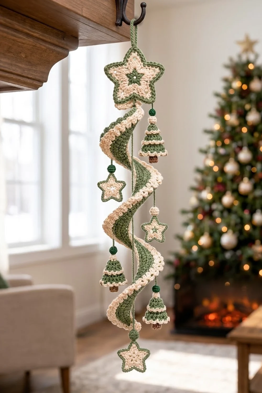 Crocheted spiral garland in green and cream with stars and trees hanging before a decorated Christmas tree and fireplace.