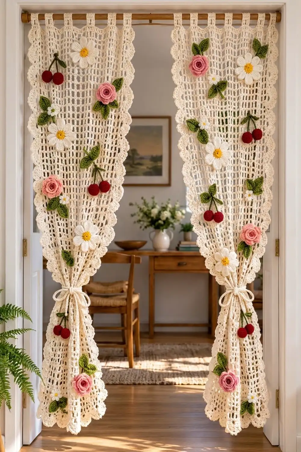 Cream crocheted lace curtains with embellished pink roses, white daisies, red cherries, and green leaves hanging in an airy doorway.