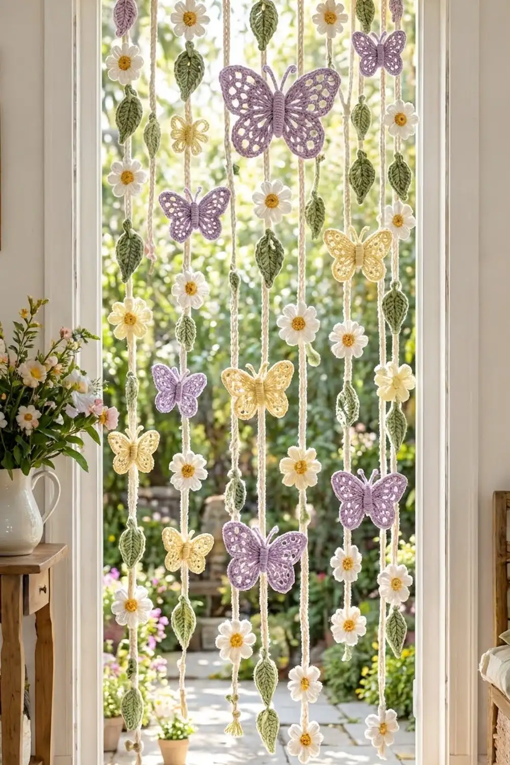 Handmade crochet mobile with purple and golden butterflies, white daisies, and green leaves hanging in a bright window.