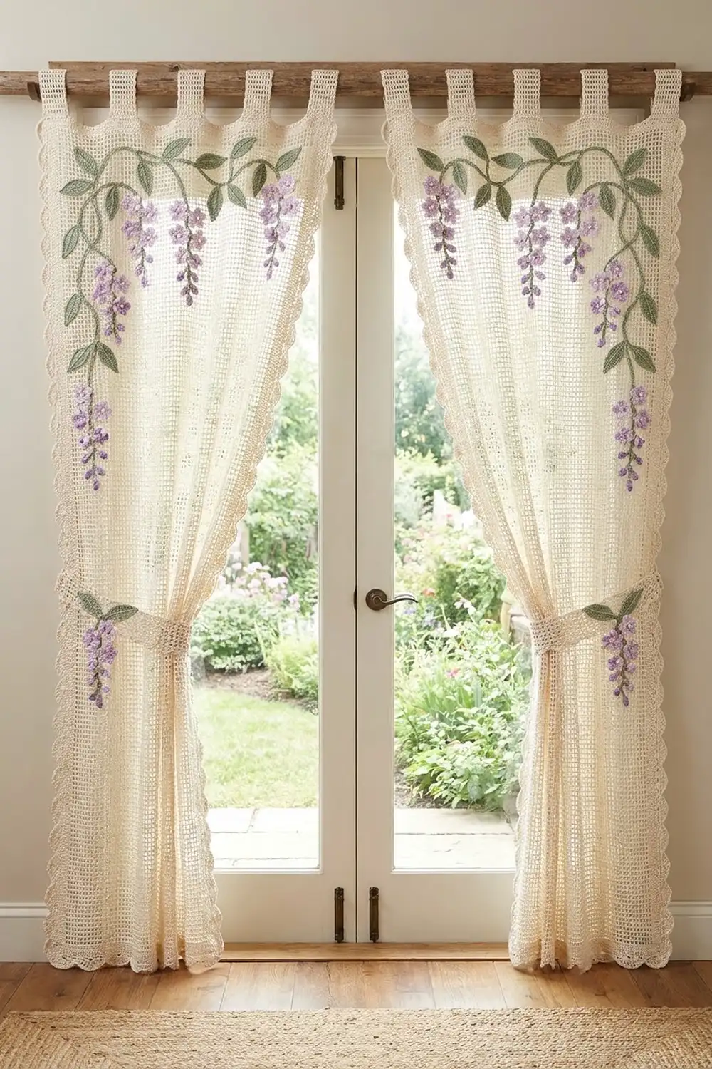 Cream crochet curtains with purple wisteria embroidery hang on wooden rod at French doors overlooking garden.