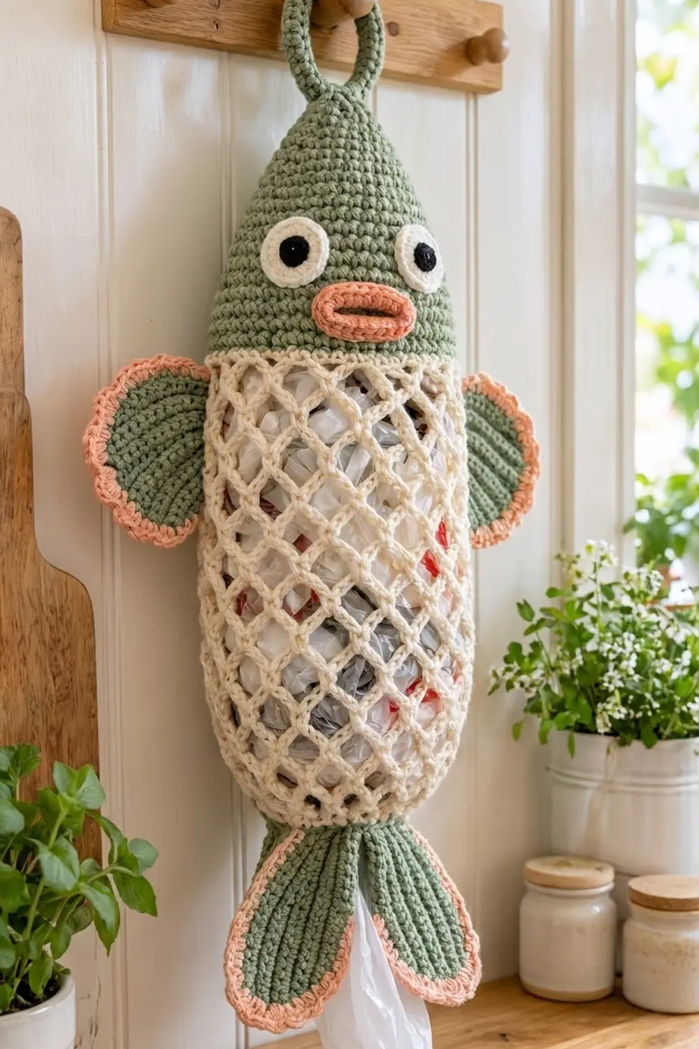 Crocheted sage-green fish with cream mesh belly and coral accents hanging above potted plants on shelf.