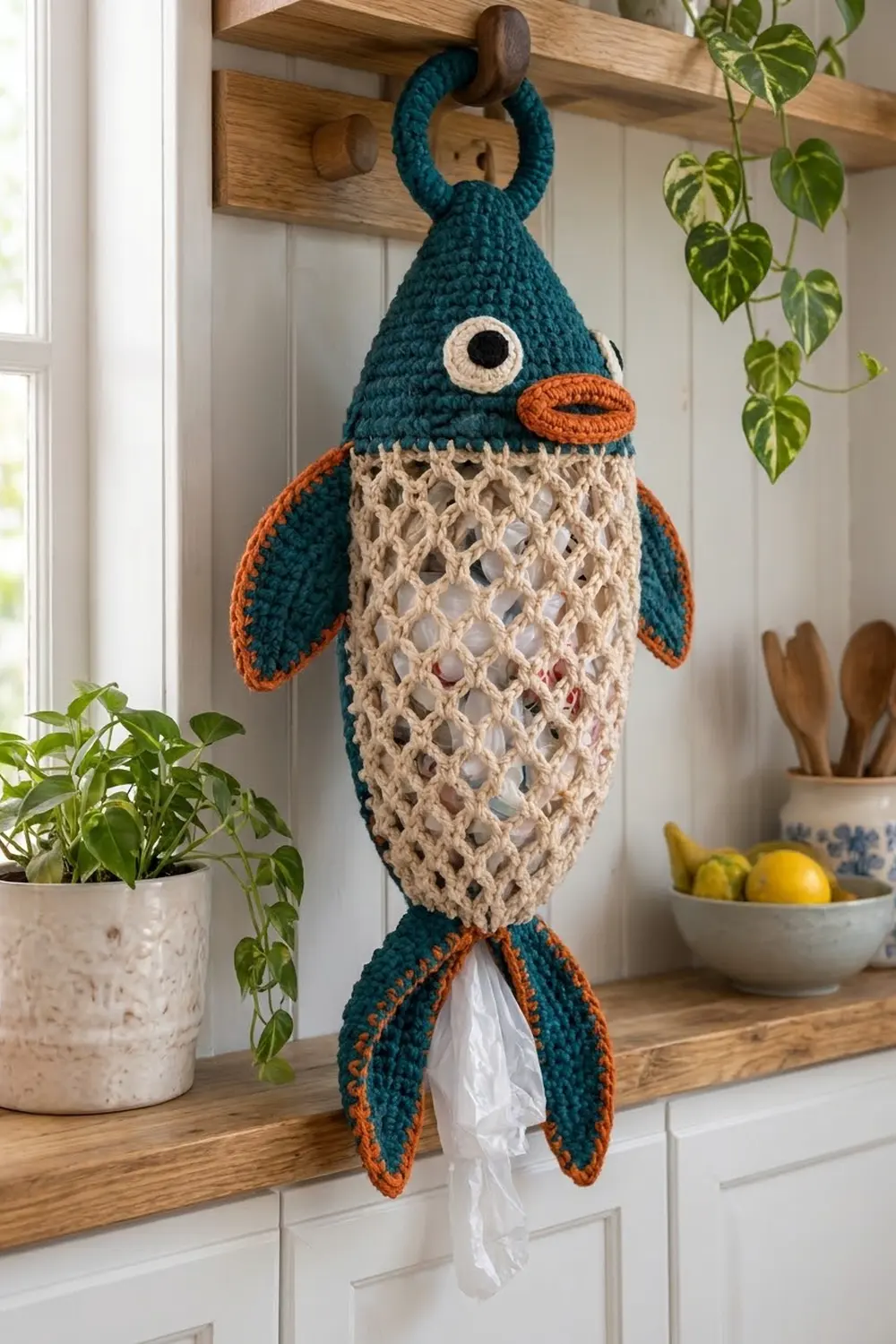Crocheted teal fish with cream net belly and orange accents used as tissue holder on wooden shelf.