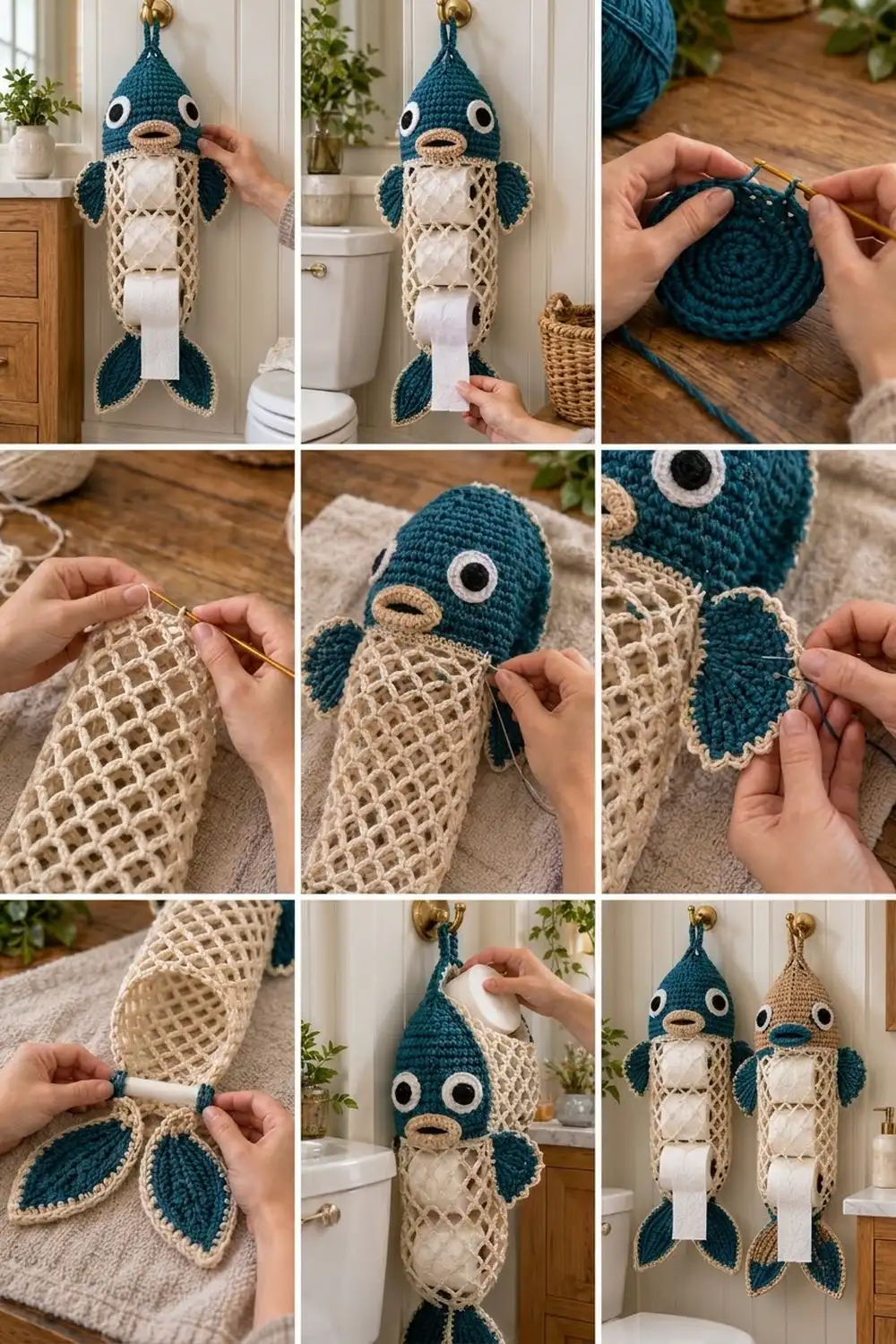 Crocheted teal and cream bird-shaped toilet paper holder dispensing white paper in a bright bathroom.