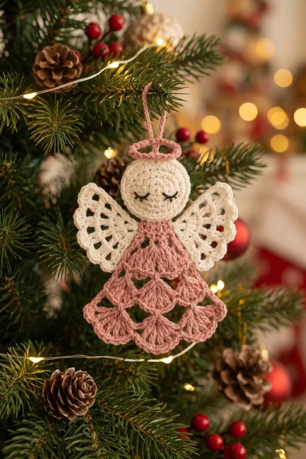 A crocheted angel ornament with cream head and wings and mauve dress hangs on an evergreen branch.