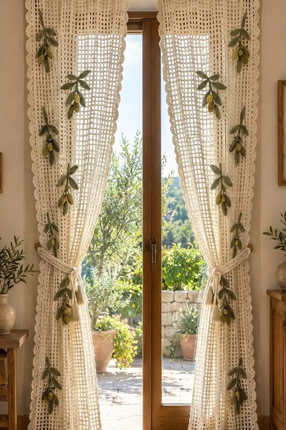 Cream crocheted lace curtains with green appliqué leaves frame a bright doorway opening to a hillside garden view.