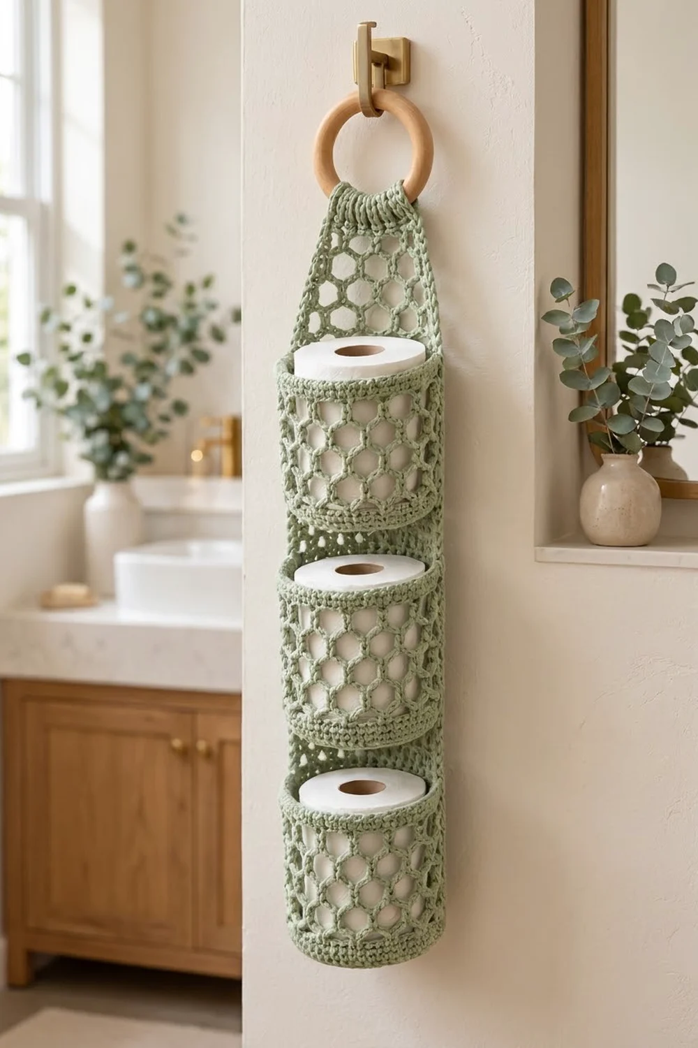 Crocheted sage green toilet paper holder with three rolls hangs from brass ring against white bathroom wall.