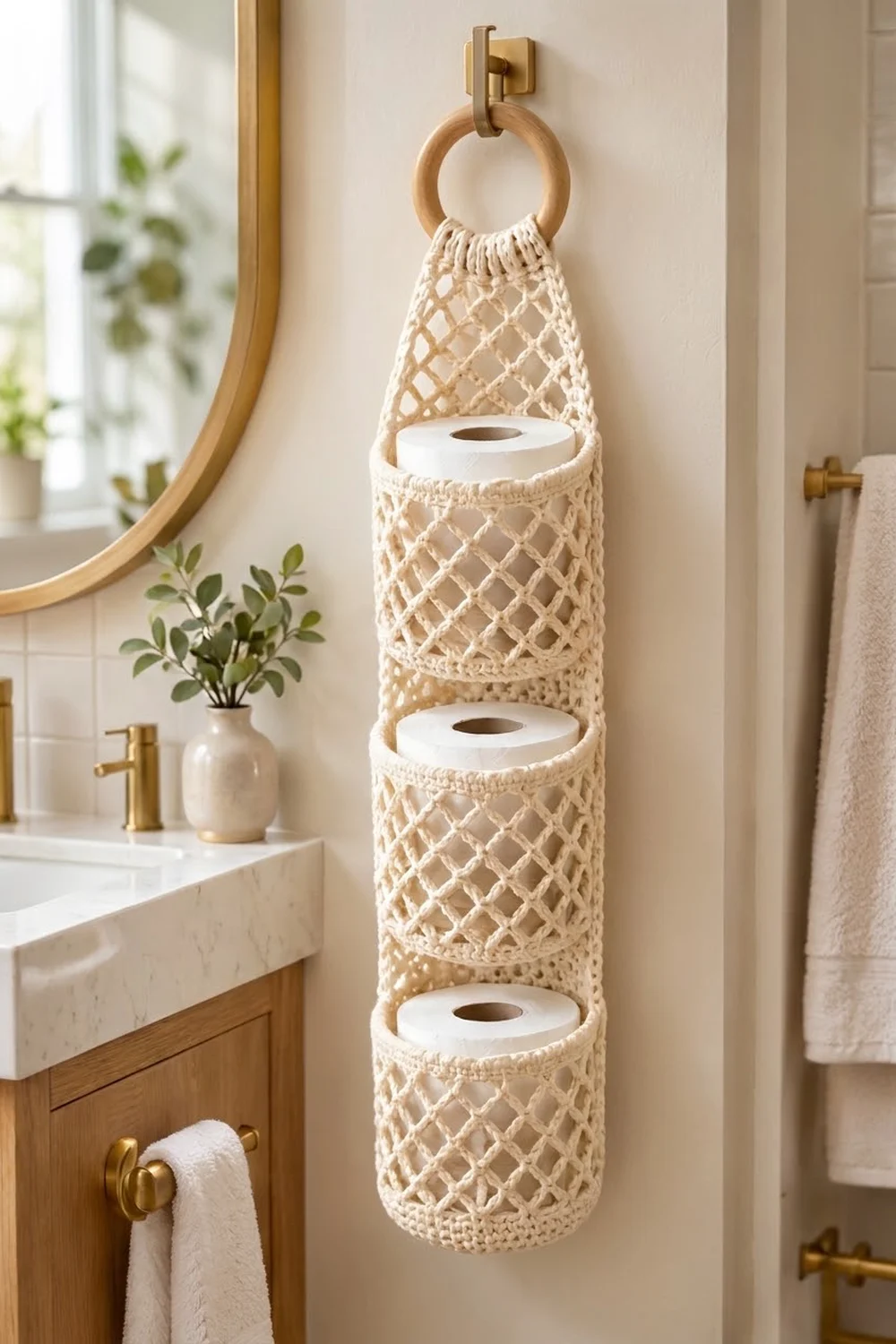 Cream crochet toilet paper holder with three compartments hanging on a bathroom wall beside marble sink.