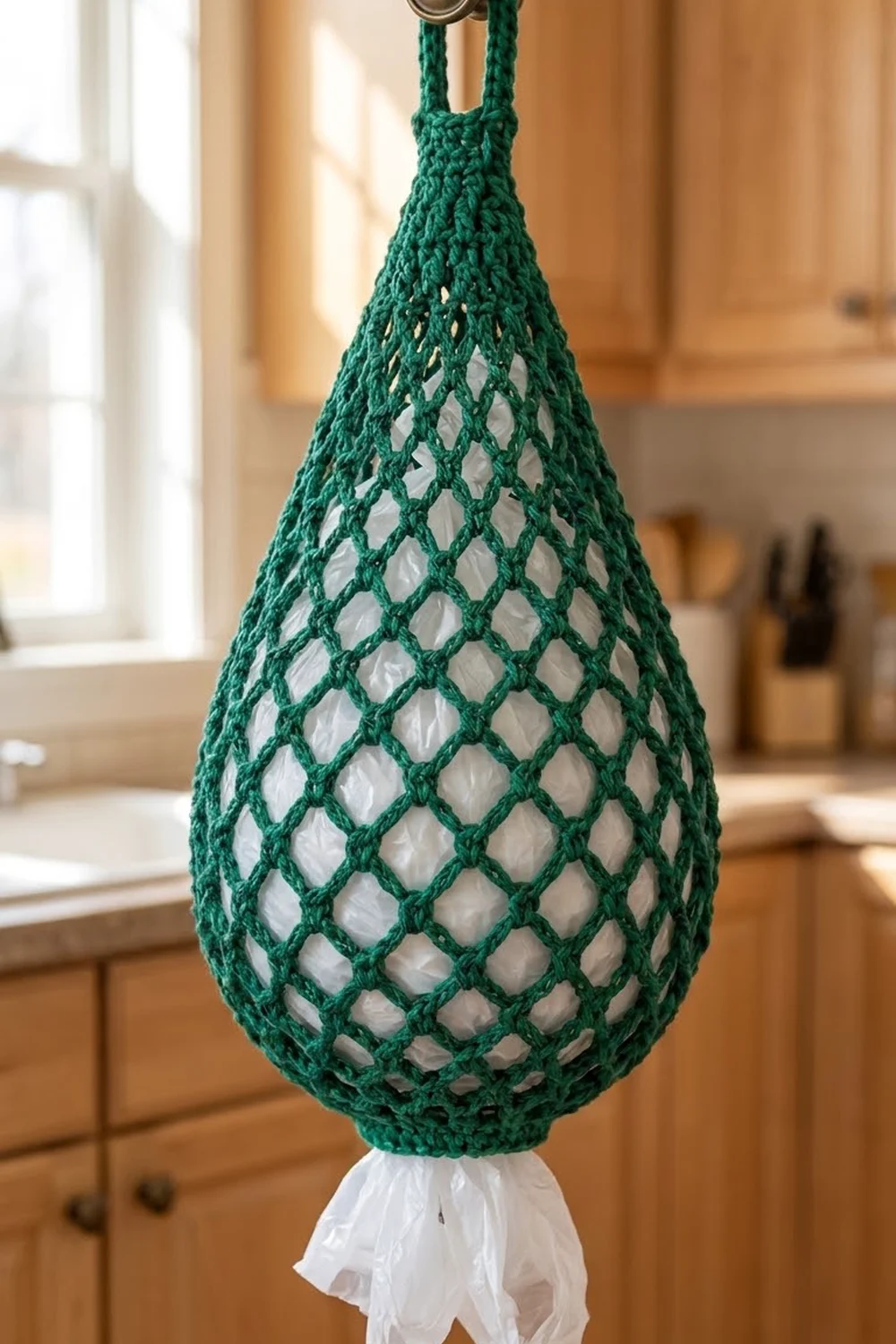 Forest green crocheted mesh produce bag with diamond lattice pattern hanging in a warm, sunlit kitchen.