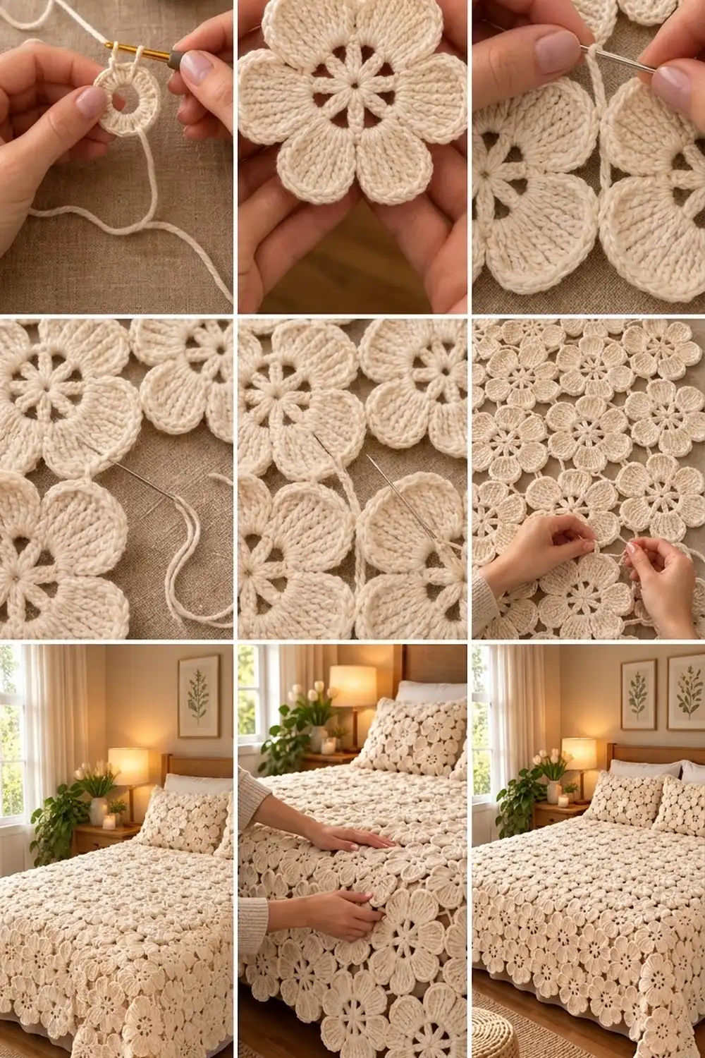 Cream-colored crochet flower blanket styled on a bed in a warm, modern bedroom with plants.