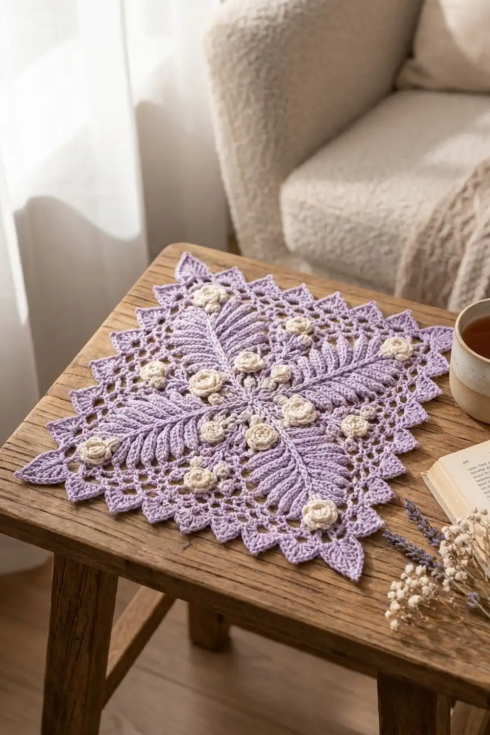Lavender crochet doily adorned with cream flowers on a wooden table, styled with tea and dried botanicals.